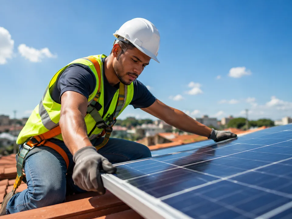 Jovem instalando painel solar em telhado