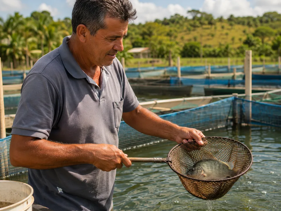 Produtor manejando tanque de piscicultura